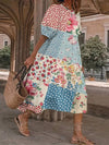 Vestido midi de cuello redondo con estampado de patchwork