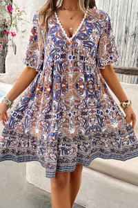 Devine Printed V-Neck Half Sleeve Mini Dress