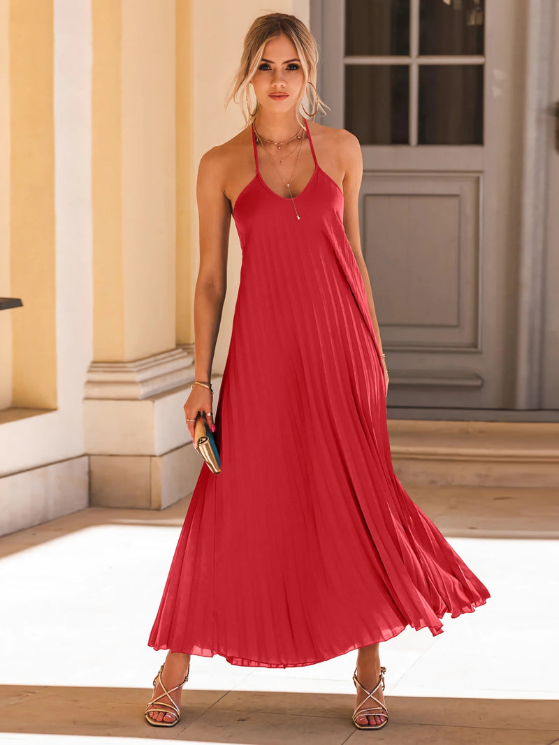 Backless Pleated Halter Neck Dress