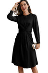 Black Twist Front Tie Back Long Sleeve Satin Dress