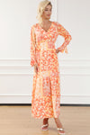 Orange Boho Floral Wrap V Neck Tie Long Sleeve Dress