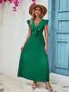 Tied Ruffled V-Neck Pleated Dress