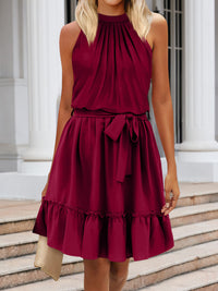 Ruched Grecian Neck Tie Waist Mini Dress