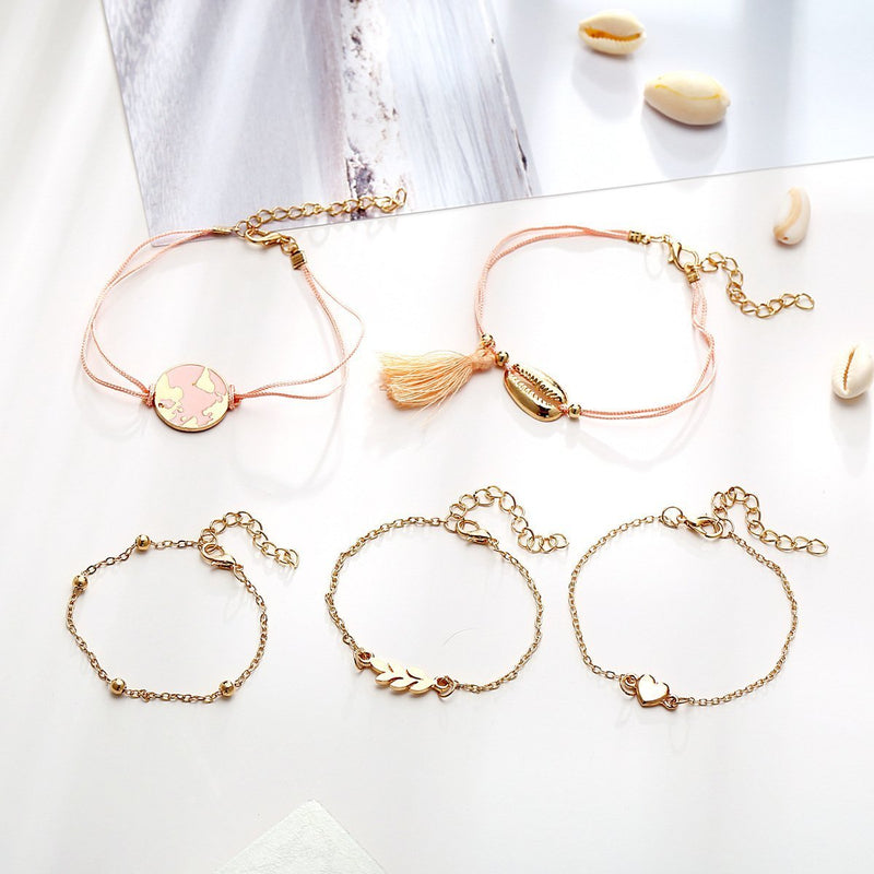 5 Piece Pink Global Tassell Bracelet Set 18K Rose Gold Plated Bracelet in 18K Rose Gold Plated