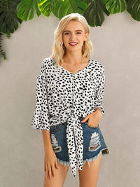 Tied Printed Button Up V-Neck Blouse