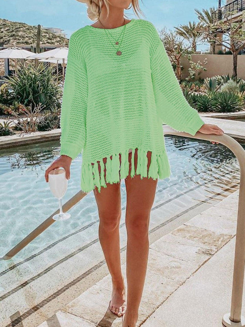 Double Take Openwork Tassel Hem Long Sleeve Knit Cover Up