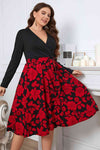 Plus Size Floral Surplice Neck Long Sleeve Dress