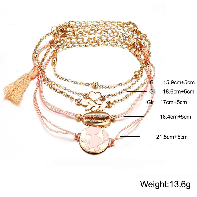 5 Piece Pink Global Tassell Bracelet Set 18K Rose Gold Plated Bracelet in 18K Rose Gold Plated