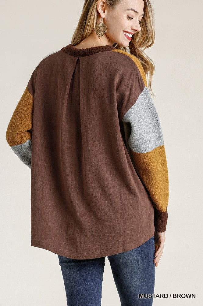 Colorblock Contrasted Cotton Fabric On Back Top With Side Slits And High Low Hem