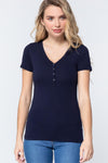 Short Slv V-neck Henley Knit Top