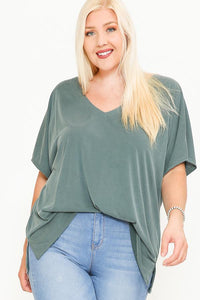 Blusa lisa de manga corta Dolman con cuello en V y abertura lateral