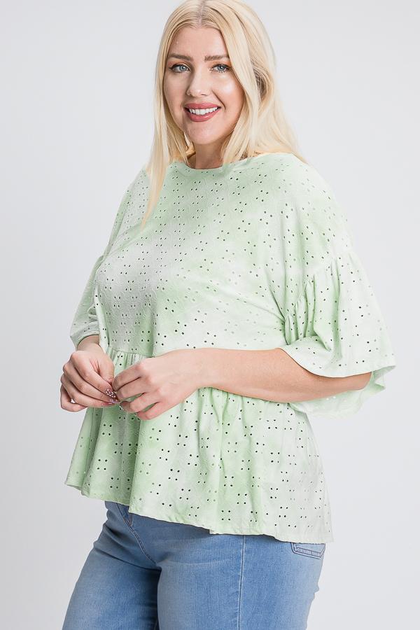 Tie Dye Ruffled Sleeves And Bottom Eyelet Blouse