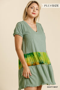 Tie Dye V-neck Short Folded Sleeve Raw Edged Detail Dress With Fringed Hem