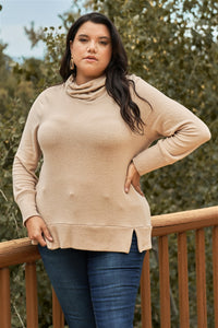 Plus Khaki High Cowl Neck Long Sleeve Rib Hem Sweater Top