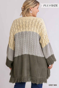 Patchwork Knitted Open Front Cardigan Sweater With Frayed Hem