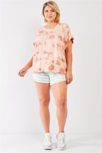 Plus Light Marsala Tie-die Crew Neck Short Folded Sleeve Top