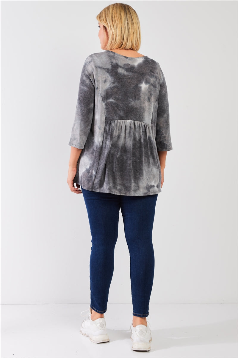 Plus Grey Multicolor Tie-dye Midi Sleeve Relaxed Flare Top