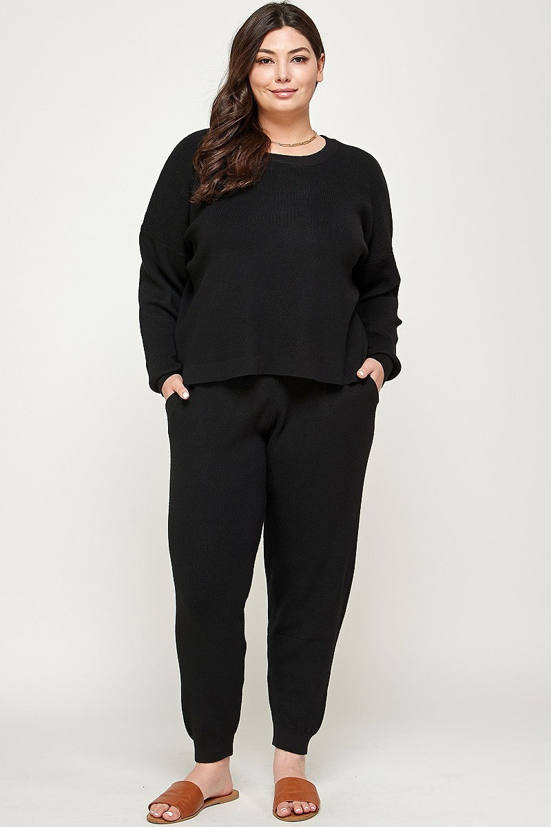 Plus Size Solid Sweater Knit Top And Pant Set