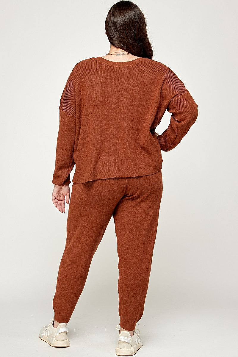 Plus Size Solid Sweater Knit Top And Pant Set