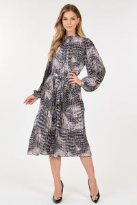 Long Sleeve Pleated Snake Skin Print Midi Dress