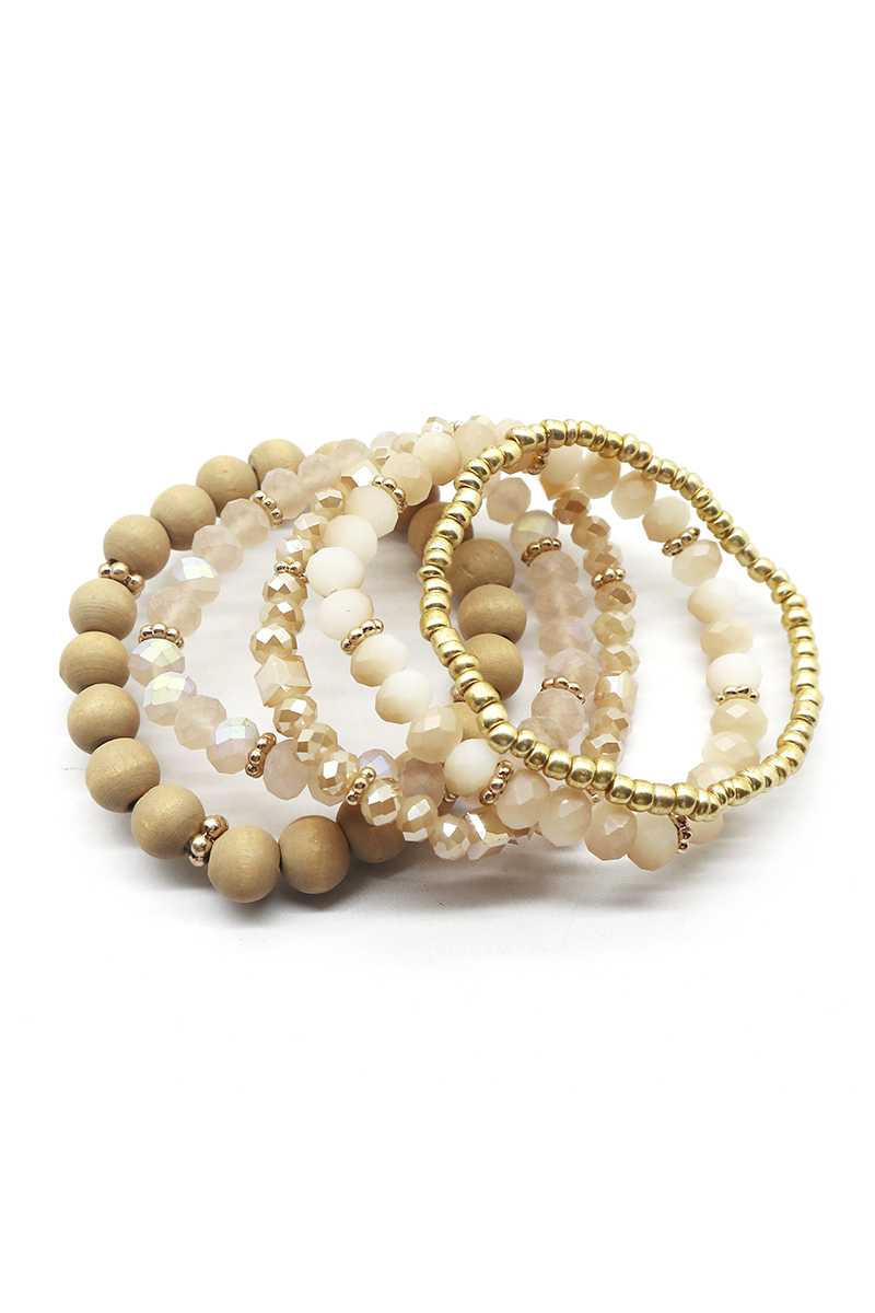 Wood Crystal Metal Bead Stretch Bracelet Set