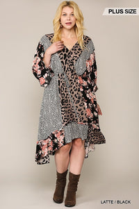 Leopard And Floral Mixed Print Hi Low Midi Dress With Waist Tie