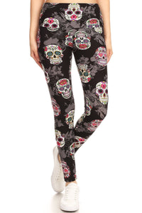 Legging de punto con estampado de calavera forrado con bandas estilo yoga de 5 pulgadas de largo con cintura alta