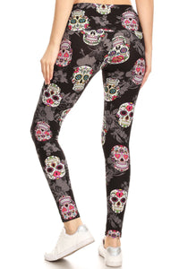 5-inch Long Yoga Style Banded Lined Skull Printed Knit Legging With High Waist