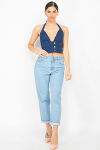 Denim Halter Neck Seamed Crop Top