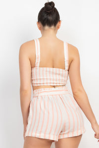 Tie-front Striped Crop Top & Belted Shorts Set