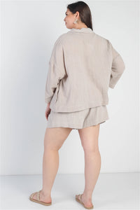 Plus Grey Button-up Collared Neck Blazer High Waist Shorts Set