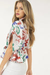 Floral Print Short Sleeve Top With Waist Tie