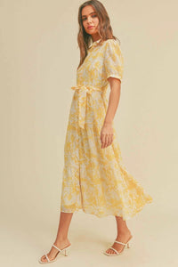 Button closure waist belt puff sleeve dress