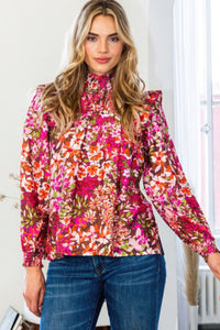 Blusa de Yugo Fruncido con Cuello Mock Floral