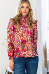 Blusa de Yugo Fruncido con Cuello Mock Floral