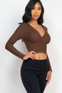 Ribbed Wrap Front Long Sleeve Top