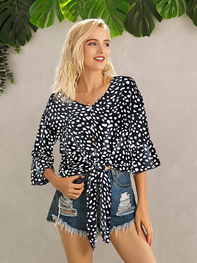 Tied Printed Button Up V-Neck Blouse