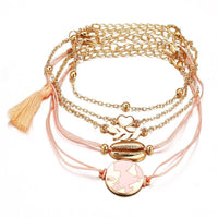 Juego de pulseras con borlas de color rosa de 5 piezas, pulsera chapada en oro rosa de 18 quilates