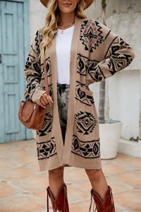 Pocketed Geometric Open Front Dropped Shoulder Cardigan